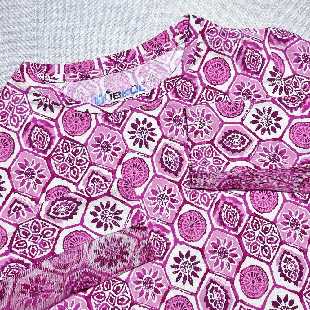 IBKUL Top Womens Small Pink Geometric Floral Mesh Performance UPF Cool Feel